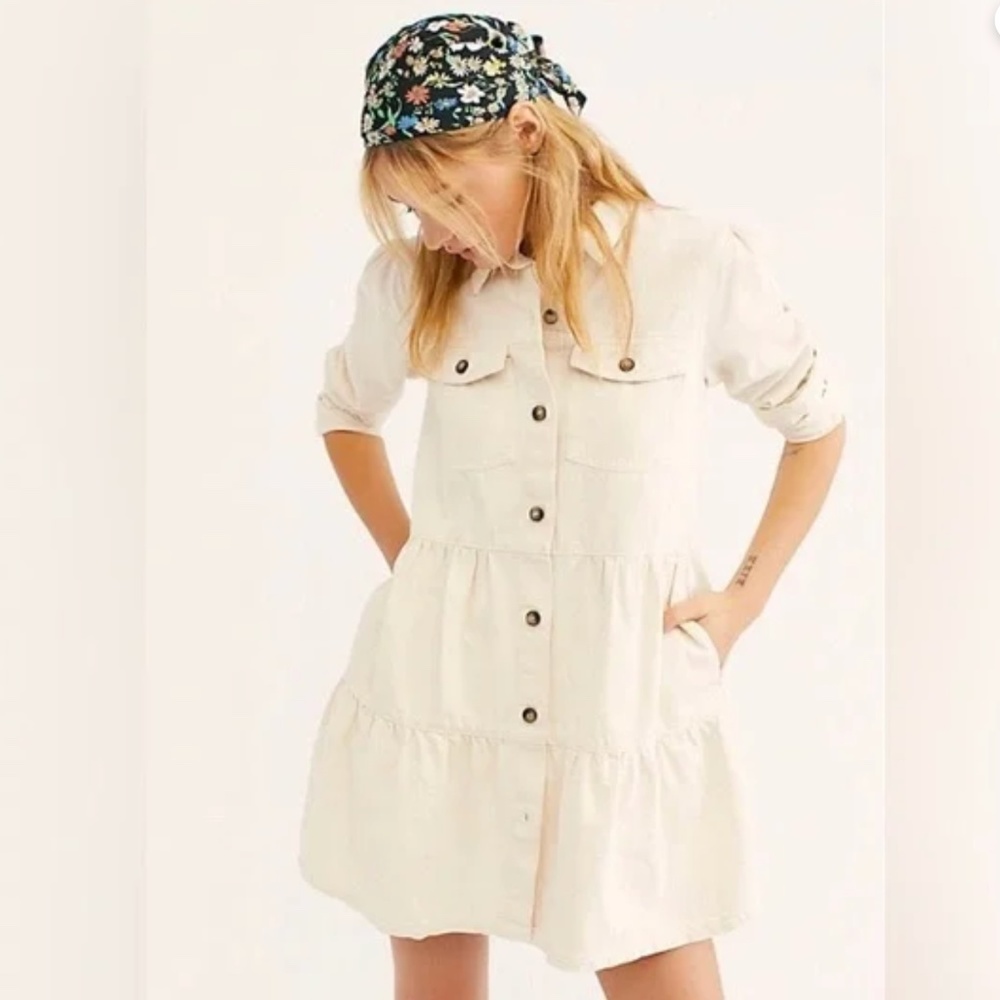 Free People Tiered Denim Shirt Dress - Cream